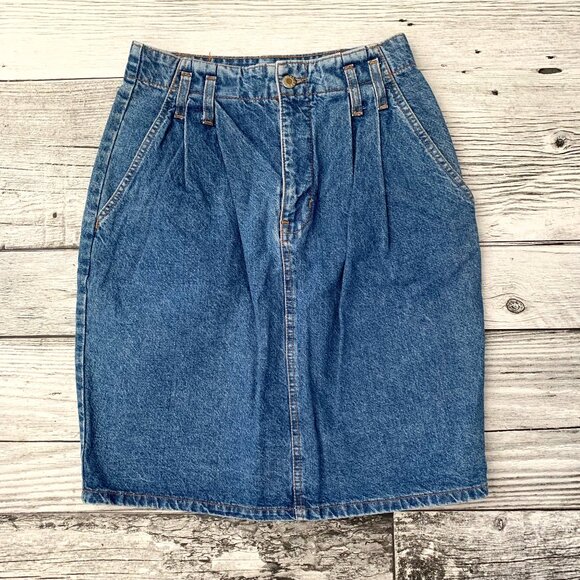 Vintage Dresses & Skirts - Vintage 80s 90s Hollywood Stonewash Denim Pleated Jean Pencil Skirt